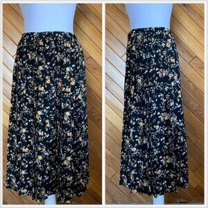 Vintage 70s/80s Black Floral Pleated Midi Skirt